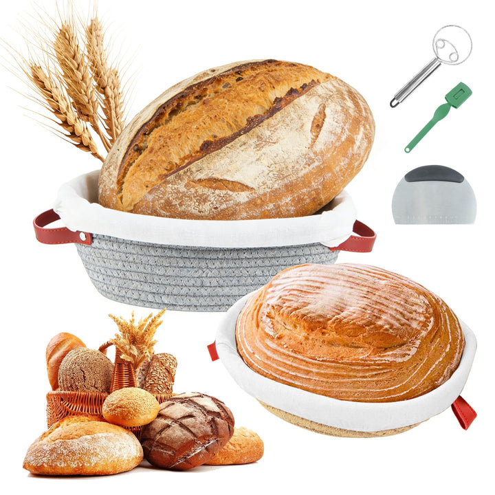 Gärkörbchen Sauerteig Starter Set - 23 cm Rund & 26 cm Oval mit Brotbackzubehör Backen Zubehör Handw