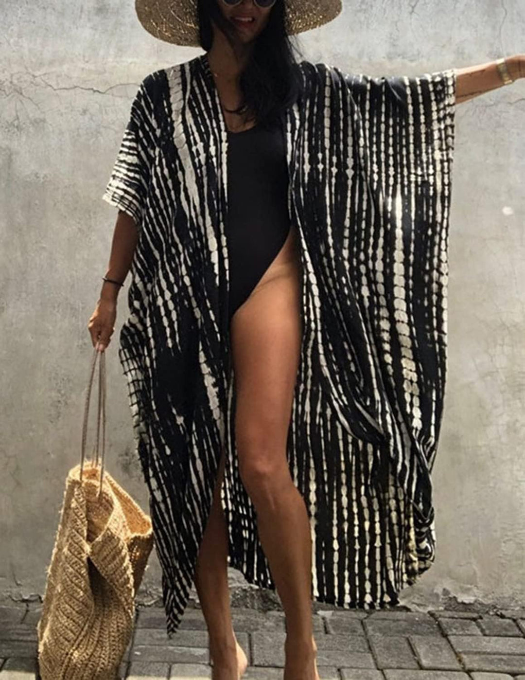 Damen Boho Strandkleid Badeanzug Bedecken Pareos Kimono Cardigan Maxikleid mit Gürtel Bluse Bikini C