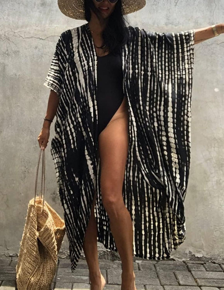Damen Boho Strandkleid Badeanzug Bedecken Pareos Kimono Cardigan Maxikleid mit Gürtel Bluse Bikini C