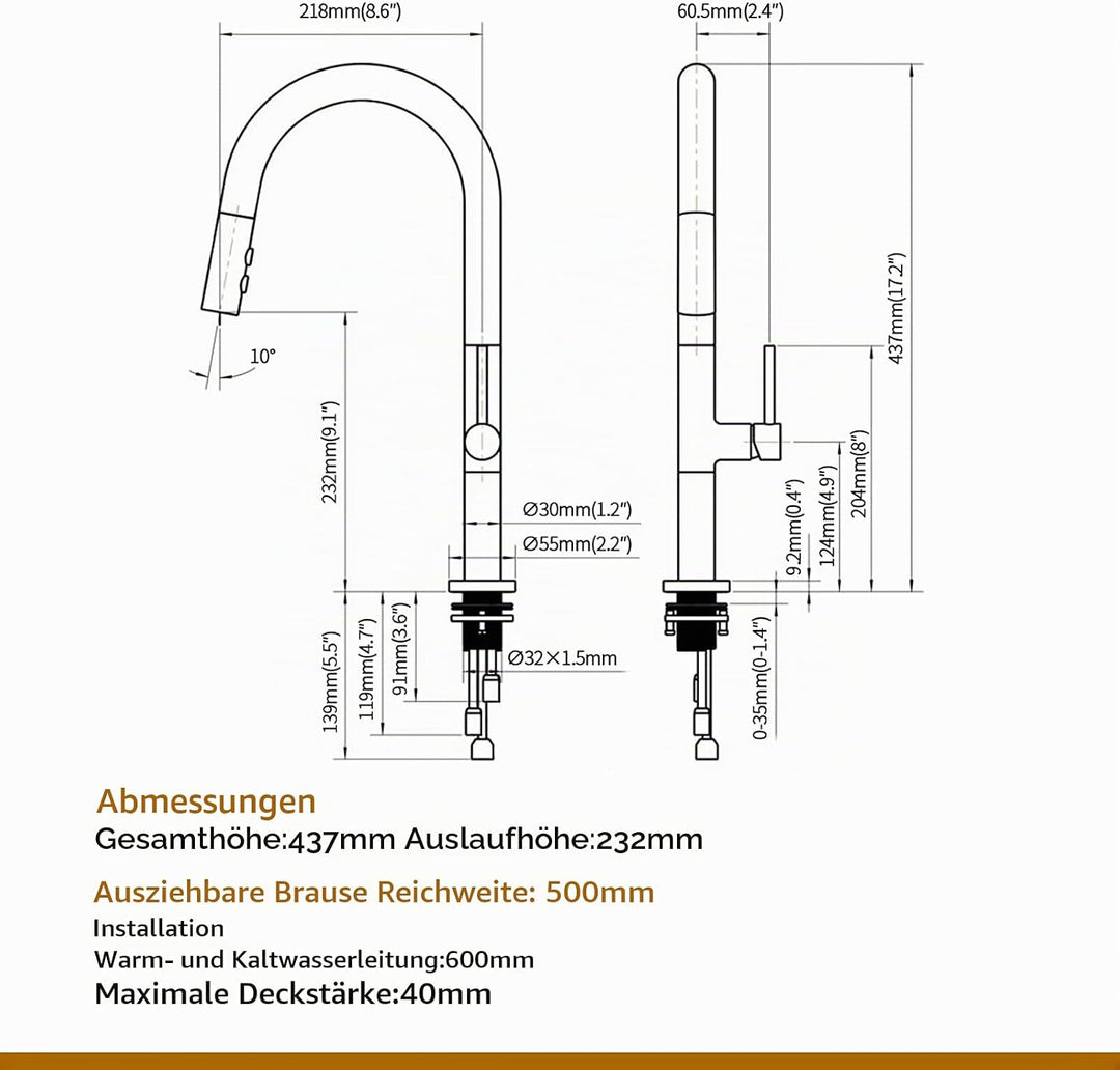 PHASAT Wasserhahn Küche 360° Drehbar, Küchenarmatur mit Brause Herausziehbar 2 Strahlarten, Spültisc