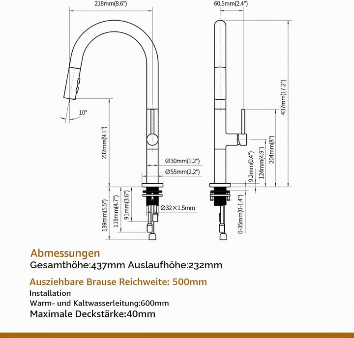 PHASAT Wasserhahn Küche 360° Drehbar, Küchenarmatur mit Brause Herausziehbar 2 Strahlarten, Spültisc