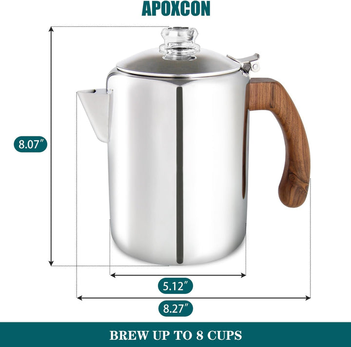 APOXCON Kaffee-Perkolatorkanne aus Edelstahl mit robustem Glasknopf und behandeltem Massivholzgriff