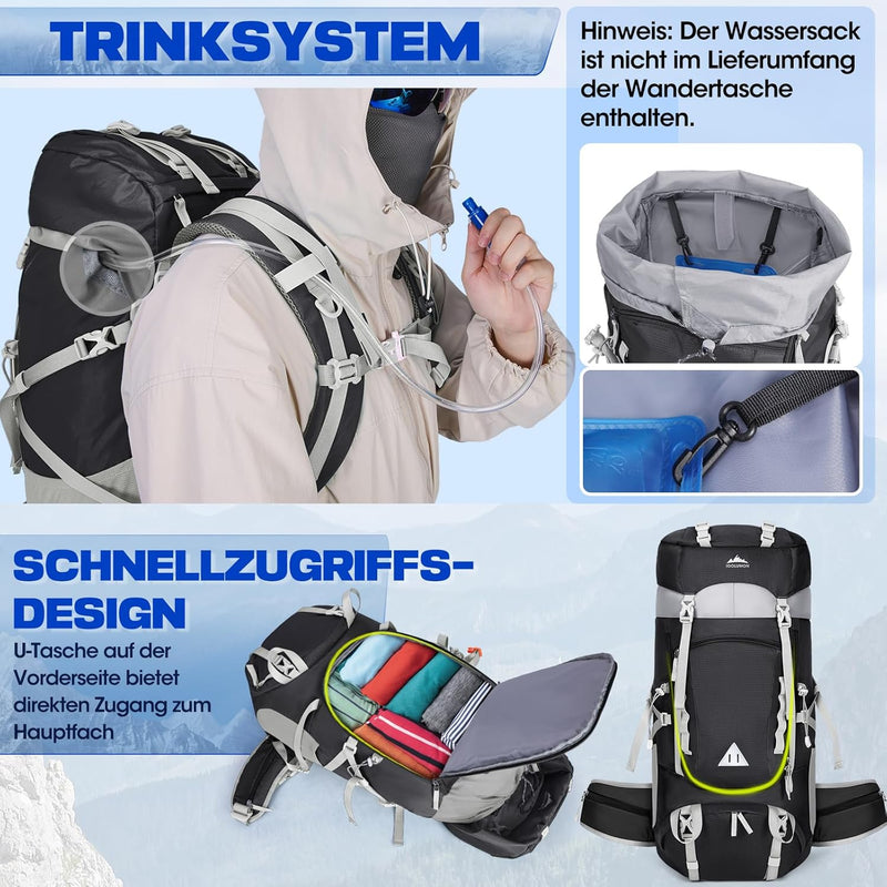 IGOLUMON Wanderrucksack 60L Herren Damen Trekkingrucksack Reiserucksack Grosser Wasserdicht Wandern