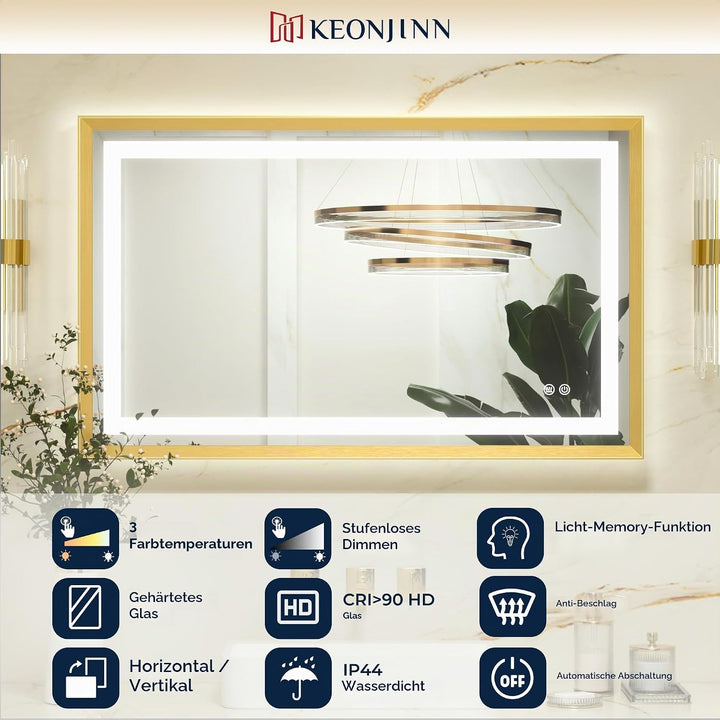 Keonjinn Badspiegel mit Beleuchtung Gold Metallrahmen 60x80cm, Badezimmerspiegel Beleuchtet Beschlag