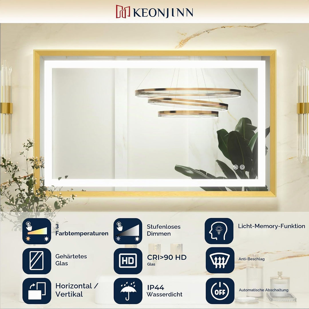 Keonjinn Badspiegel mit Beleuchtung Gold Metallrahmen 50x70cm, Badezimmerspiegel Beleuchtet Beschlag