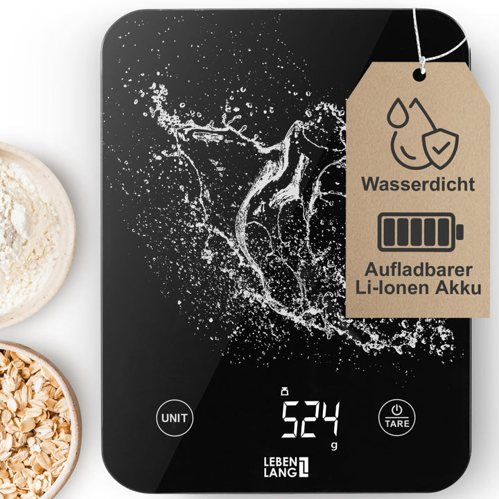 LEBENLANG Digitale Waage Küchenwaage Wasserdicht - USB Aufladbar & Inkl. Ladekabel I Bis 10 Kg I Waa