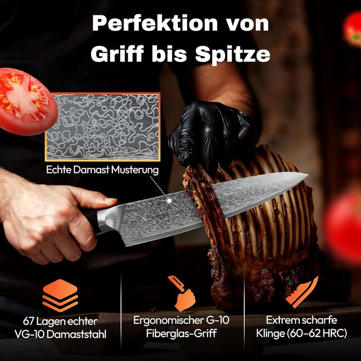 Damastmesser Profi Kochmesser 20cm-Klinge 67 Lagen Damaststahl, Japanisches Kochmesser extrem scharf