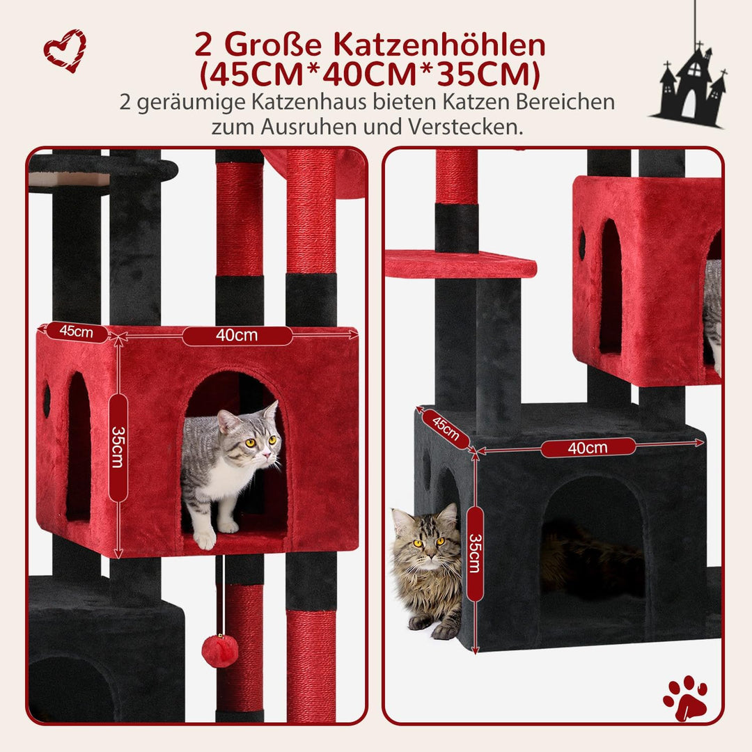 Globlazer Kratzbaum Schwarz Rot für 3-5 Grosse Katzen 156 cm mit 2 Extragross Katzenhaus 45 * 40 * 3