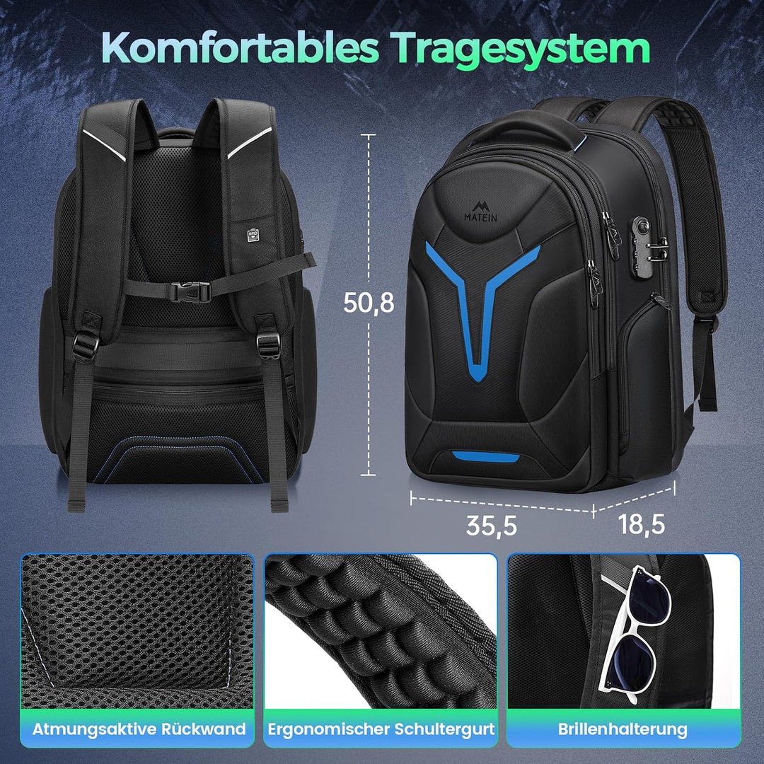 MATEIN Laptop Rucksack Herren 18 Zoll, Gaming Laptop Rucksack Zahlenschloss | Rucksack Herren Gross