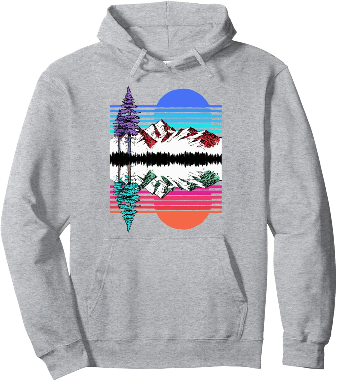 Mountain & Trees Reflection Vintage 80's Vapor Wave Outdoor Pullover Hoodie