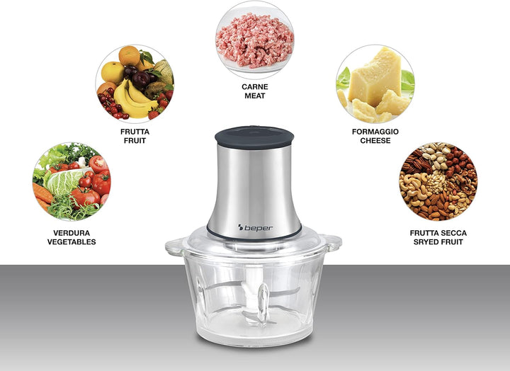 BEPER P102ROB001 Küchenmaschine aus Glas, Glasbehälter, Gehäuse aus Abs, Doppelklingenpaar aus Stahl