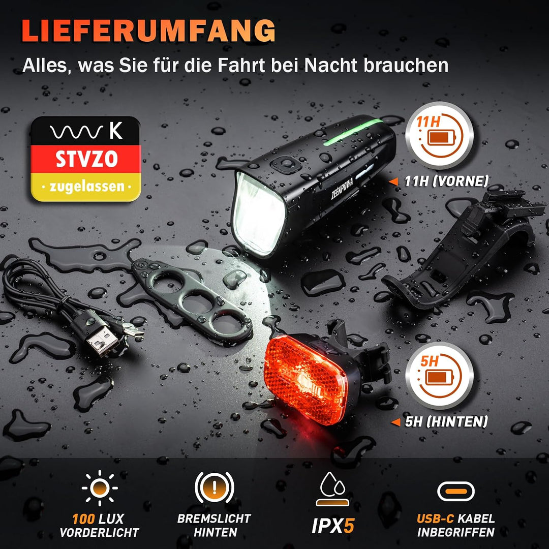 Fahrradlicht Set 100 Lux StVZO, USB-C Akku Vorderlicht + Rücklicht mit Bremslichtfunktion, wasserdic