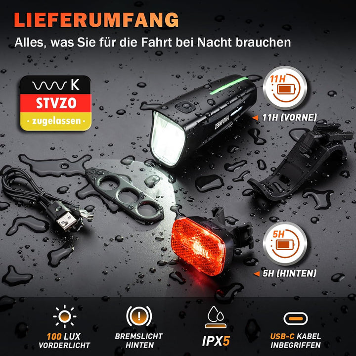 Fahrradlicht Set 100 Lux StVZO, USB-C Akku Vorderlicht + Rücklicht mit Bremslichtfunktion, wasserdic