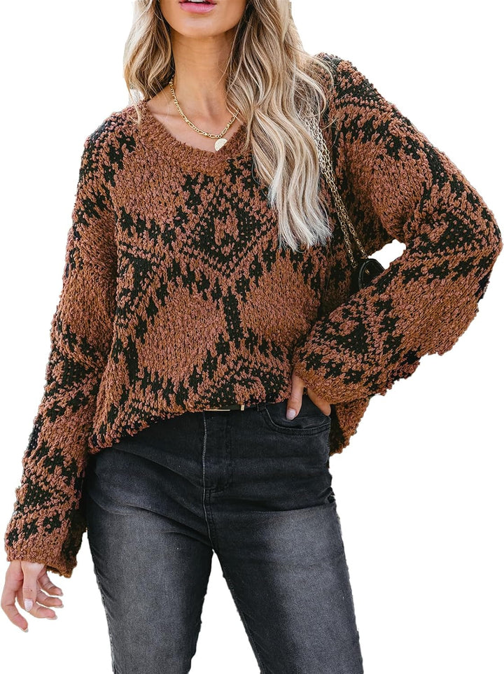 CUPSHE Damen Strickpullover V Ausschnitt Langarm Rautenmuster Zerrissen Grobstrick Pulli Oberteile T