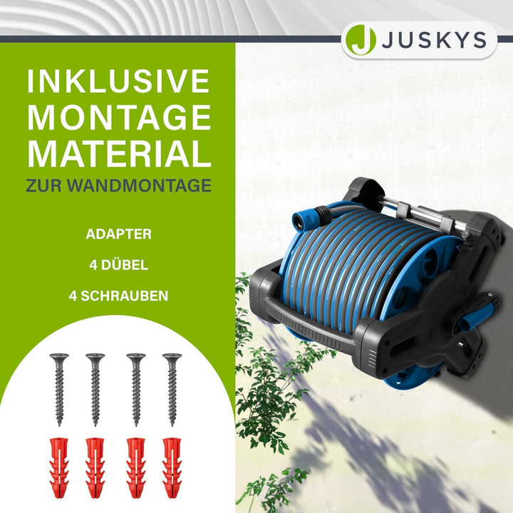 Juskys Schlauchtrommel mit 30 m Wasserschlauch und Multifunktionsbrause - Mobiler Schlauchaufroller
