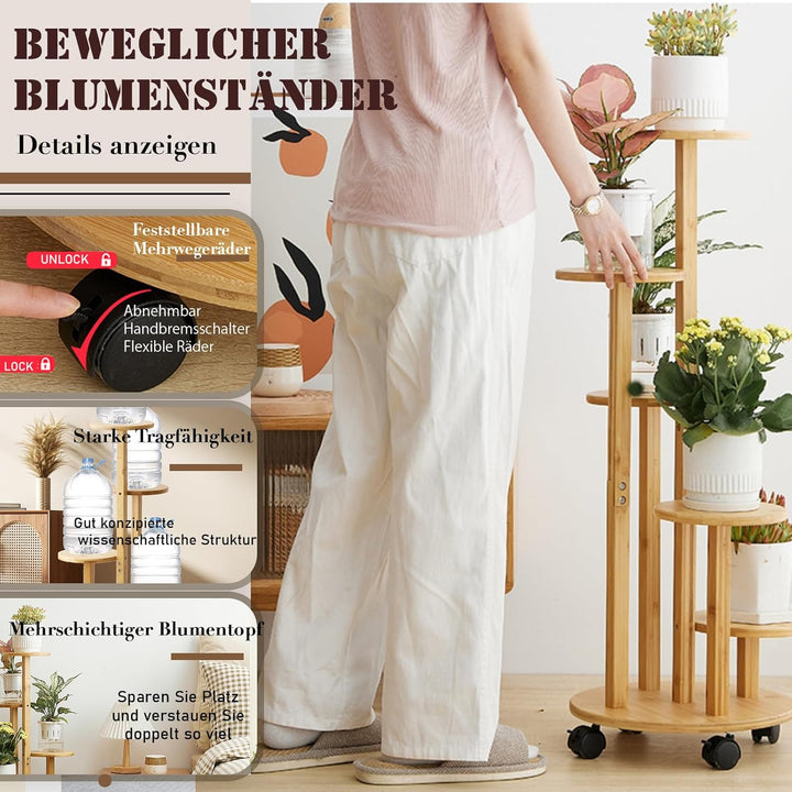 KEBMCHN Blumenständer Bambus mit Rollen, 5 Etagen Pflanzenständer Blumenregal Balkon,Chassis Ø31.5*O