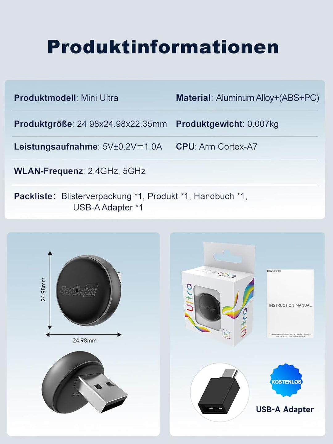 Carlinkit Mini Ultra Wireless CarPlay & Android Auto Adapter, Konvertieren Sie werkseitig kabelgebun