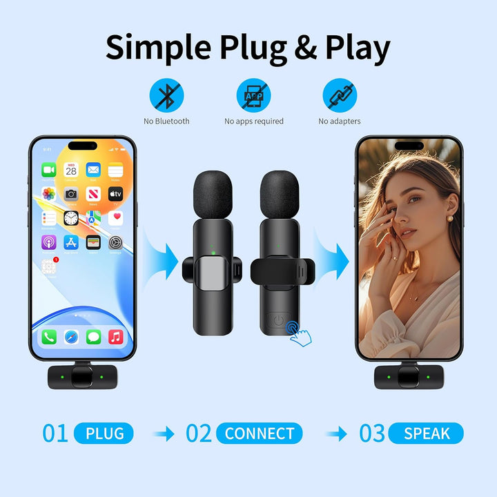 Kabelloses Lavalier-Mikrofon für iPhone iPad & Android - 2er-Pack Mini-Clip-On-Mikrofon mit Geräusch