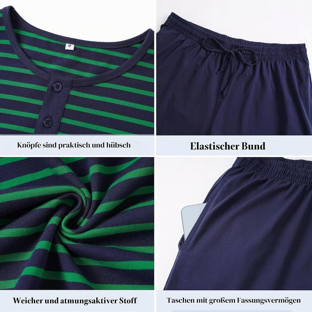 Leversic Schlafanzug Herren Kurz aus Baumwolle mit Kontraststreifen Design, Sommer Pyjama Set Oberte