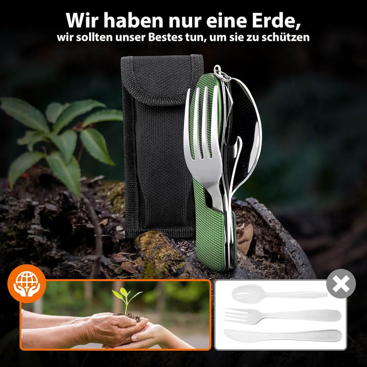 HIKENTURE® Outdoor Campingbesteck Set - Klappbesteck Outdoor Besteck aus Edelstahl mit Gürteltasche