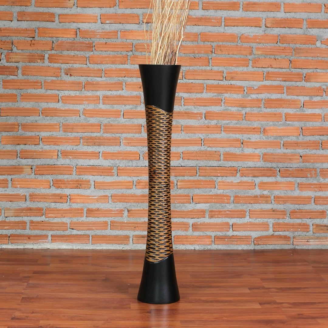 Leewadee Grosse Bodenvase für Dekozweige hohe Standvase Design Holzvase, Holz, 90 cm, Schwarz Braun