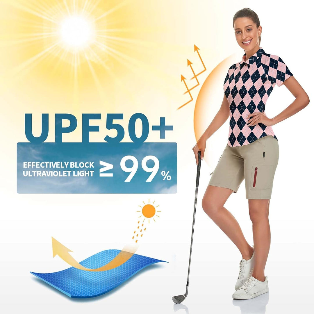 Soneven Atmungsaktiv Poloshirt Damen Leichtes Sportshirt Tailliert Karierte Bluse UPF 50+ Kurzarm 1/