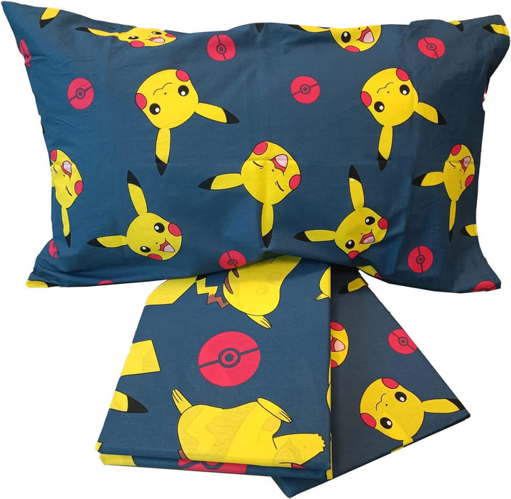 Pokemon Bettwäsche-Set für Einzelbett, Einzelbett, Bettwäsche, Spannbettlaken, Kissenbezug, 100% Bau