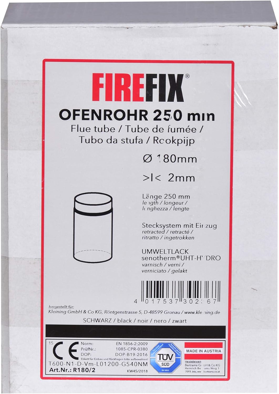 FIREFIX R180/2 Ofenrohr aus 2 mm starken Stahl (Rauchrohr) in 180 mm Durchmesser, für Kaminöfen und