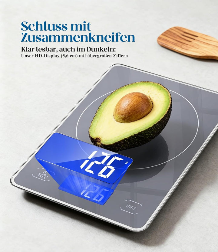 Küchenwaage Digital mit 15 kg Tragkraft, 5 Einheiten in g/ml/fl'oz, Präzise Waage Küche mit Grossem