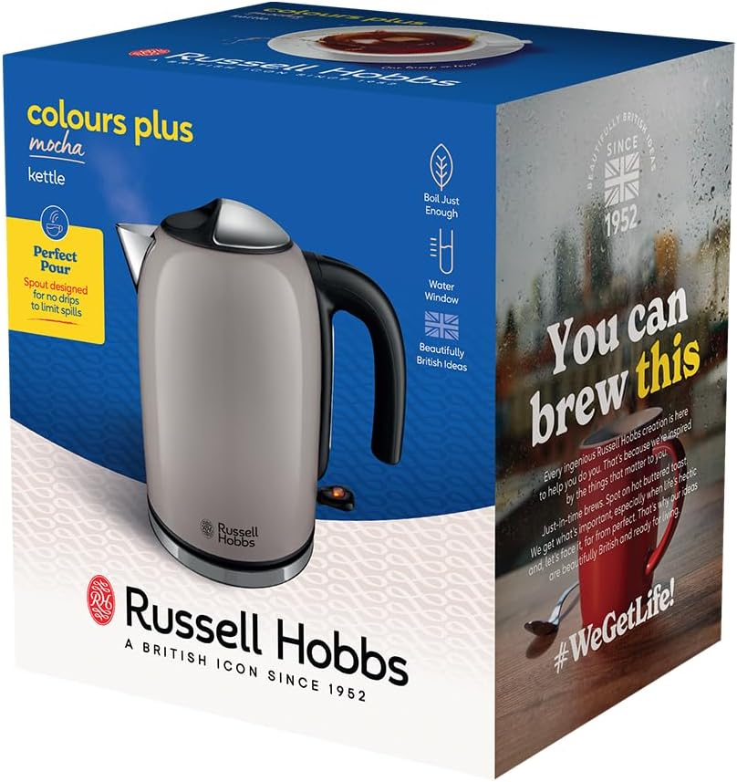 Russell Hobbs Wasserkocher [1,7L, 2400W] Colours Plus Mocha (Edelstahl-Akzente, Schnellkochfunktion,