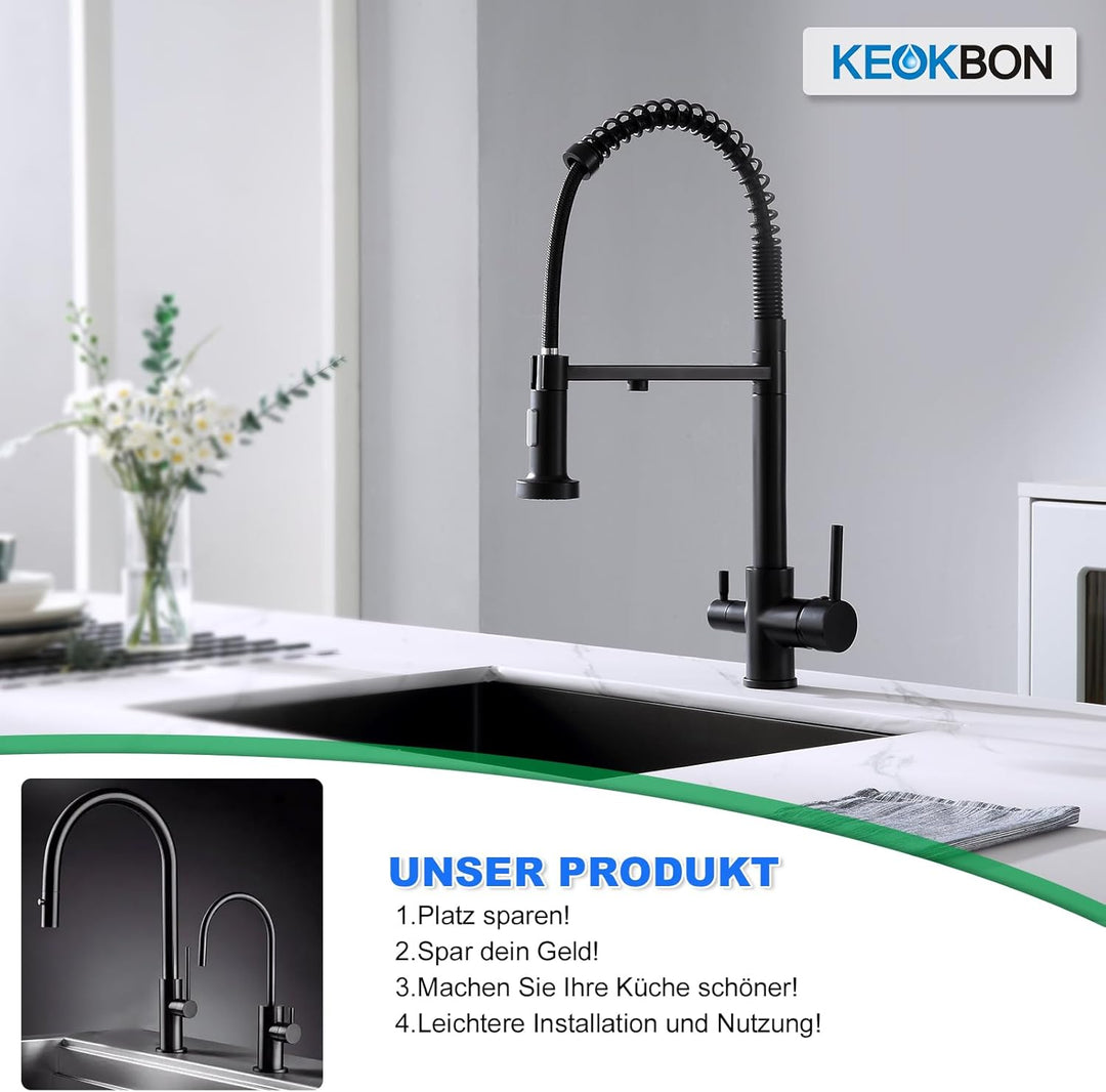 KEOKBON 3 Wege Wasserhahn Küche Schwarz mit 2 Funktion Brause, 360° Drehbar Küchenarmatur aus Messin