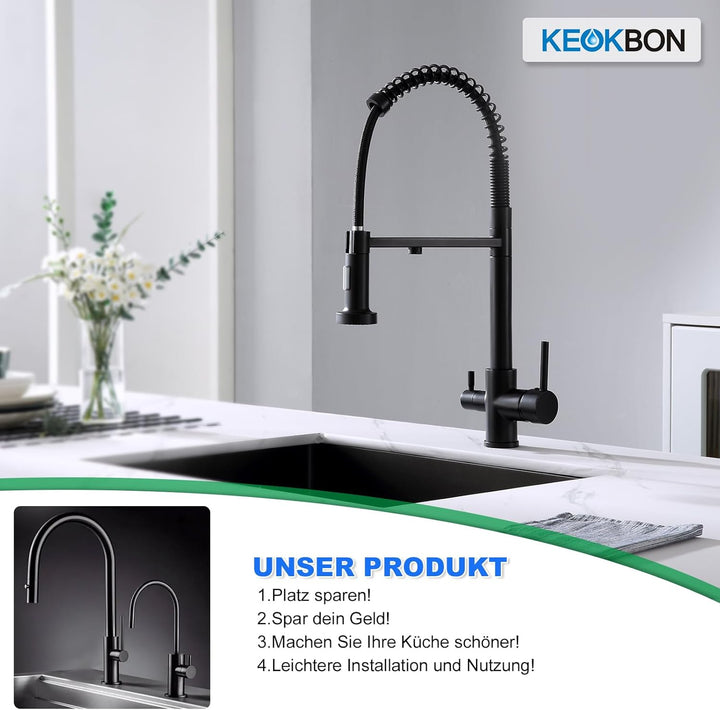 KEOKBON 3 Wege Wasserhahn Küche Schwarz mit 2 Funktion Brause, 360° Drehbar Küchenarmatur aus Messin