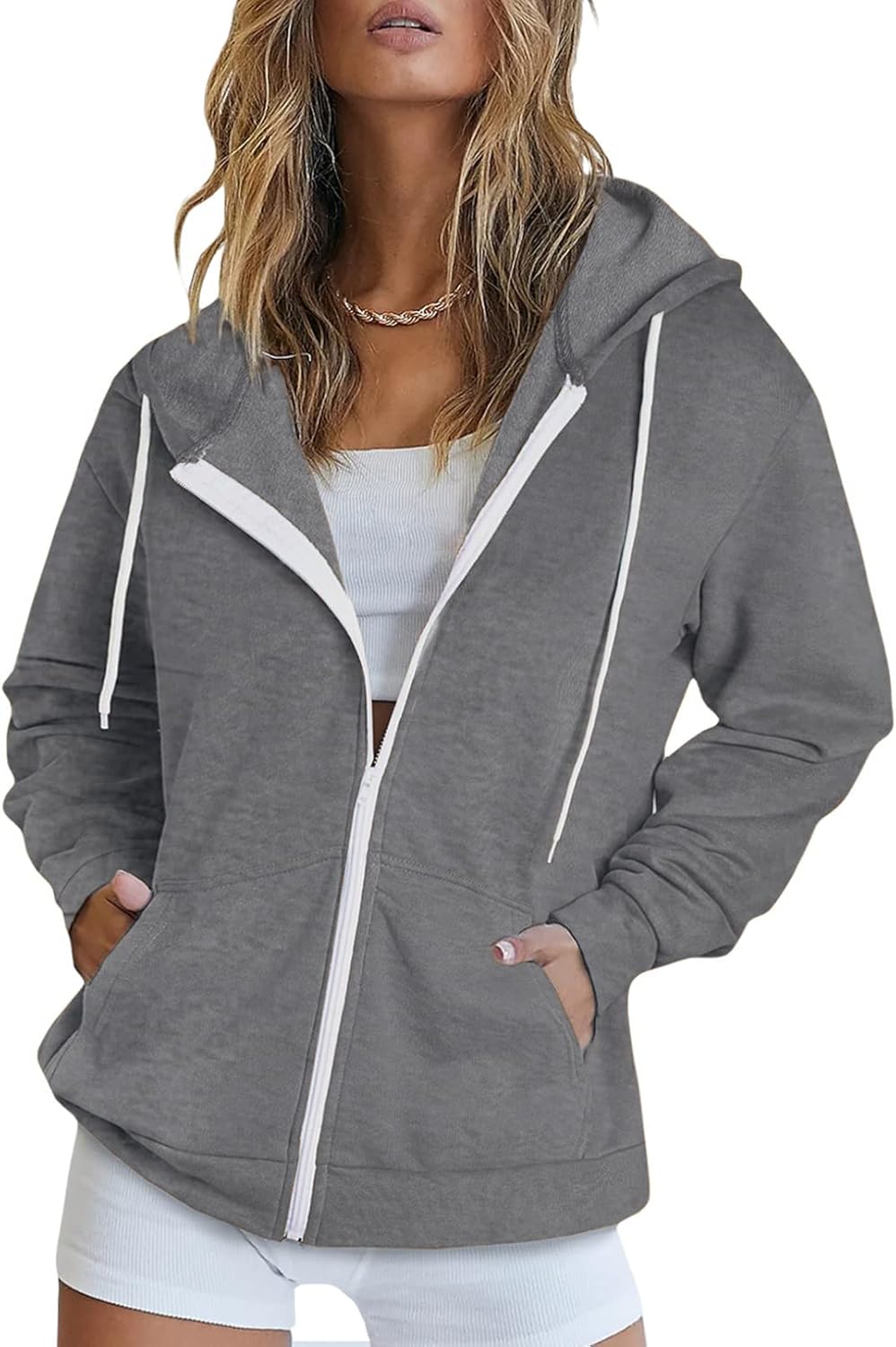 Maavoki Damen Zip Hoodie Langarm Kapuzenpulli Fleece Outwear Jacken Herbst Winter Sweatjacke A-grau