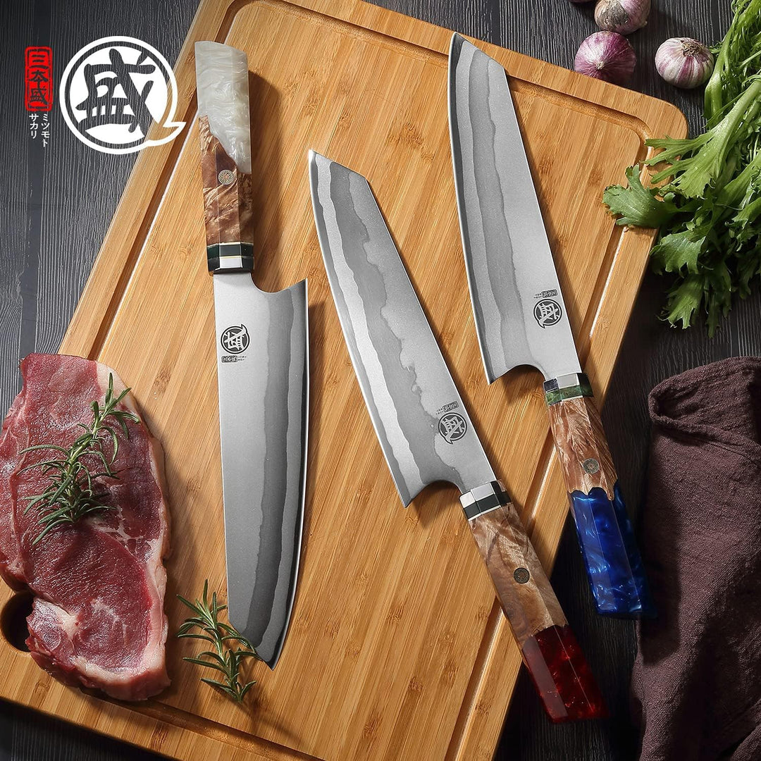 MITSUMOTO SAKARI 21 cm Küchenmesser Profi, 7 Lagen 440C Damast Fleischmesser, Handgeschmiedetes Kiri