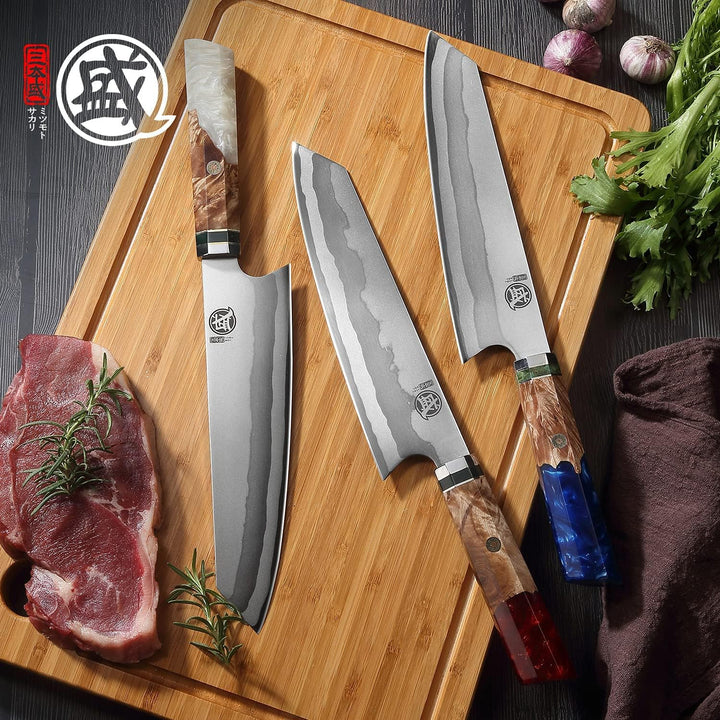 MITSUMOTO SAKARI 21 cm Küchenmesser Profi, 7 Lagen 440C Damast Fleischmesser, Handgeschmiedetes Kiri