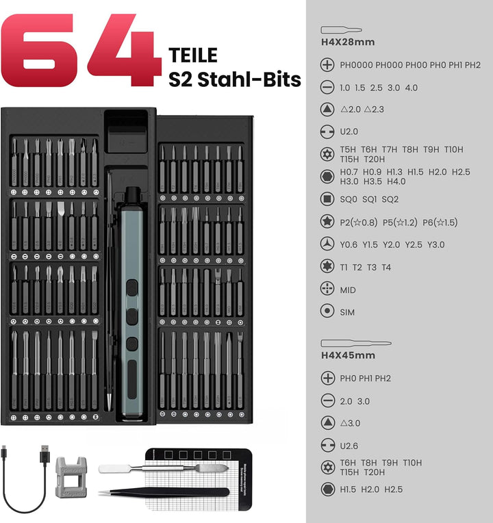 KAIWEETS Elektrischer Schraubendreher, 70 in 1 Schraubendreher Elektrisch Set mit 64 S2 Magnetischer
