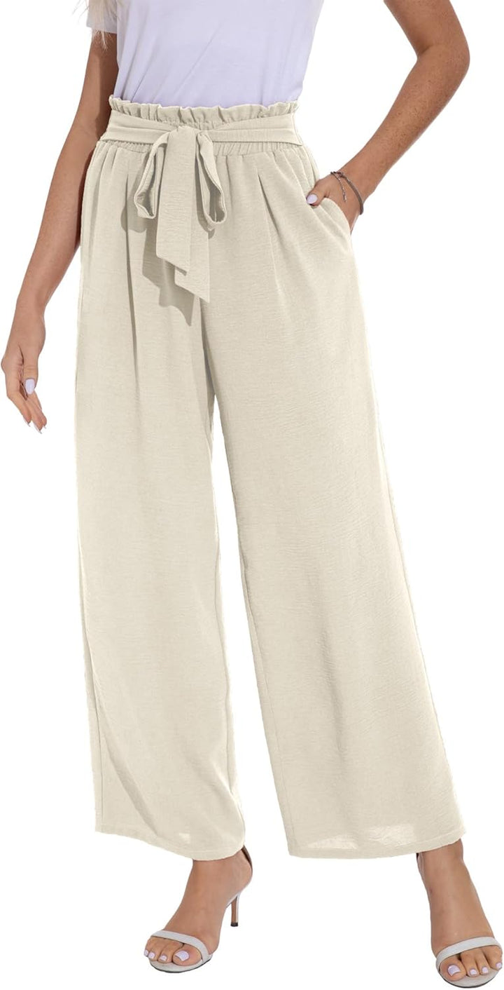PrinStory Damen Hose Mit Weitem Bein Leichte Elastische Taille Sommer Hose Mit Taschen Kausale Arbei
