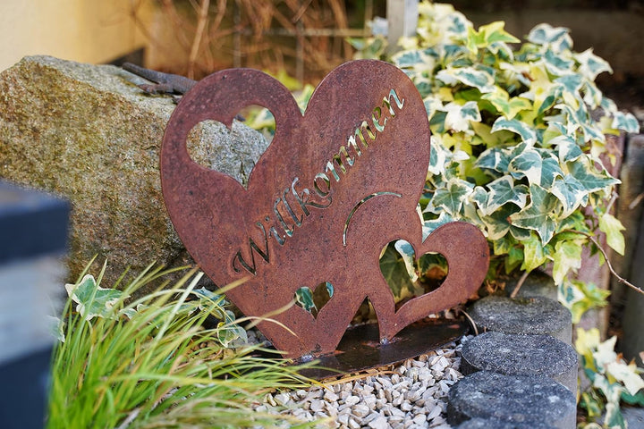 Radami Edelrost Herz - Willkommen - Schild Willkommensschild Gartenstecker Metall Gartenfigur, Metal