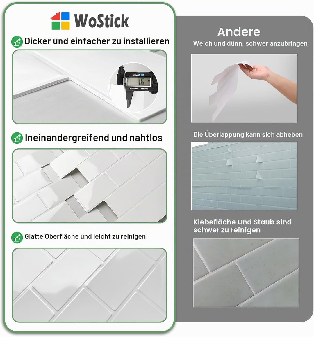 WoStick Wandfliesen zum Abziehen und Aufkleben, 1,6 mm dick, 10 Bögen, U-Bahn-Design, Spritzschutz-F