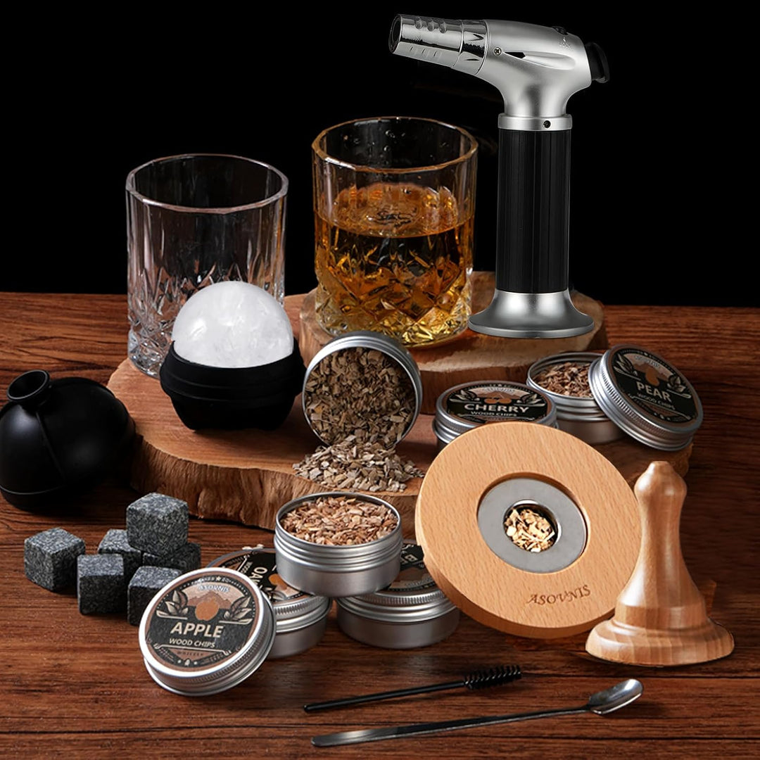 Whisky-Räucherset mit Fackel-6 Geschmacksrichtungen, Holzspäne, 2 Gläser, 6 Whiskysteine, Cocktail-R