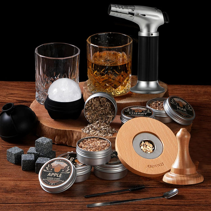 Whisky-Räucherset mit Fackel-6 Geschmacksrichtungen, Holzspäne, 2 Gläser, 6 Whiskysteine, Cocktail-R