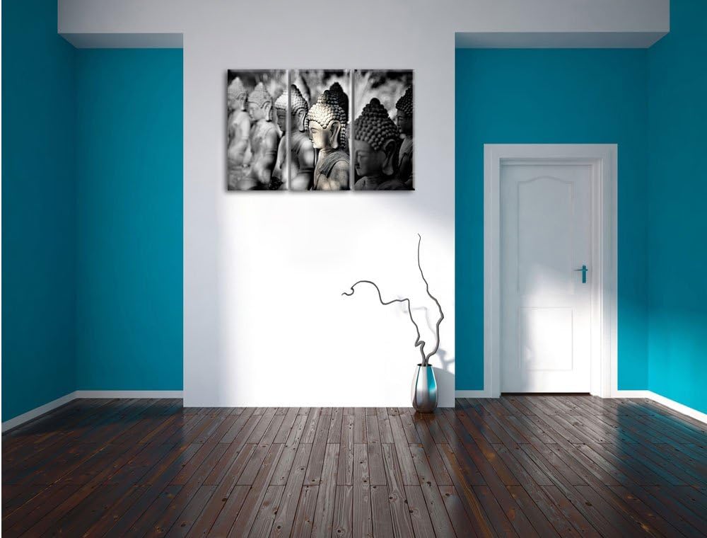 Pixxprint Meditierende Buddha-Statuen in Einer Reihe B&W Detail 3-Teiler Leinwandbild 120x80 Bild au