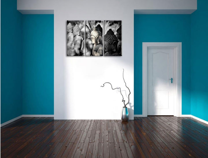 Pixxprint Meditierende Buddha-Statuen in Einer Reihe B&W Detail 3-Teiler Leinwandbild 120x80 Bild au