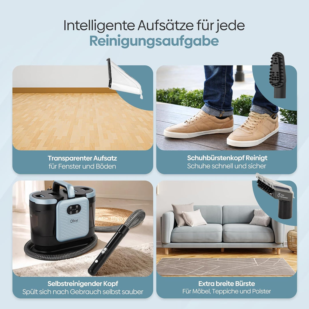 Olvy Teppichreiniger PRO – Nasssauger Polsterreiniger mit Dampf – 100°C Steam Cleaner – Sofa Reinige
