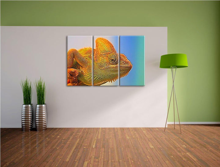 gelbes Chamäleon NewArt 3-Teiler Leinwandbild 120x80 Bild auf Leinwand, XXL riesige Bilder fertig ge