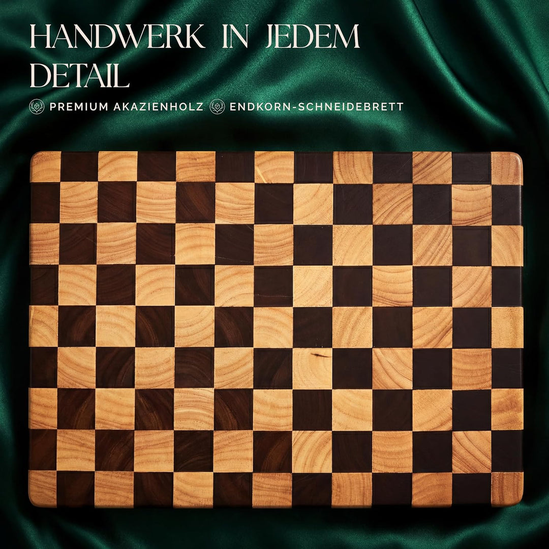 Deer & Oak Stirnholz Akazien Schneidebrett mit Schachmuster & lebensmittelechtem Öl Set – 45 x 31 x