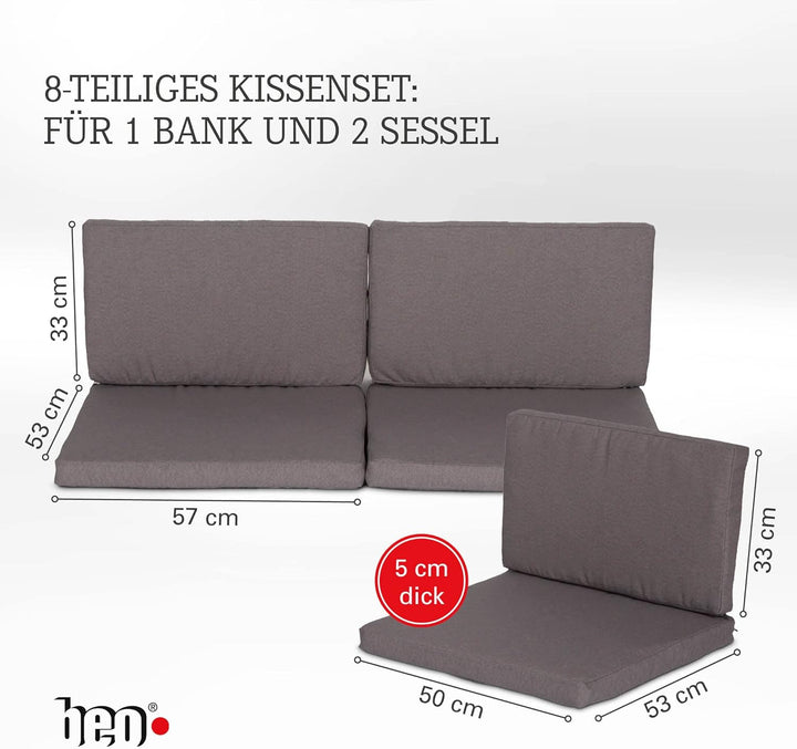 Beo Lounge Auflagen Set Monaco | 8 Outdoor Kissen wetterfest & wasserabweisend | Sitzpolster Rattanm