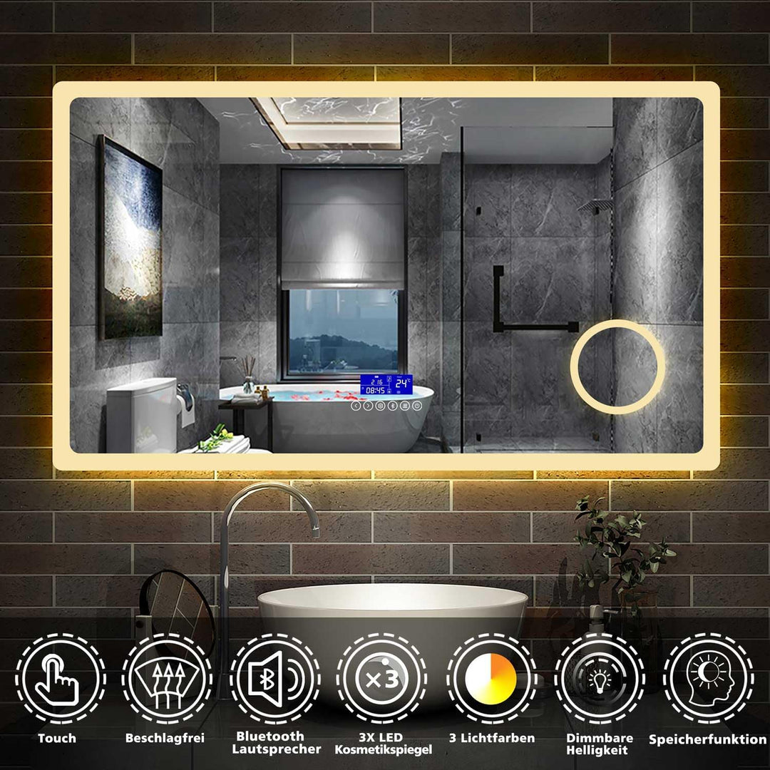 Aica Sanitär LED Badspiegel 160×80cm Bluetooth 5.0 Schminkspiegel 3 Lichtfarbe Wandspiegel mit Uhr,