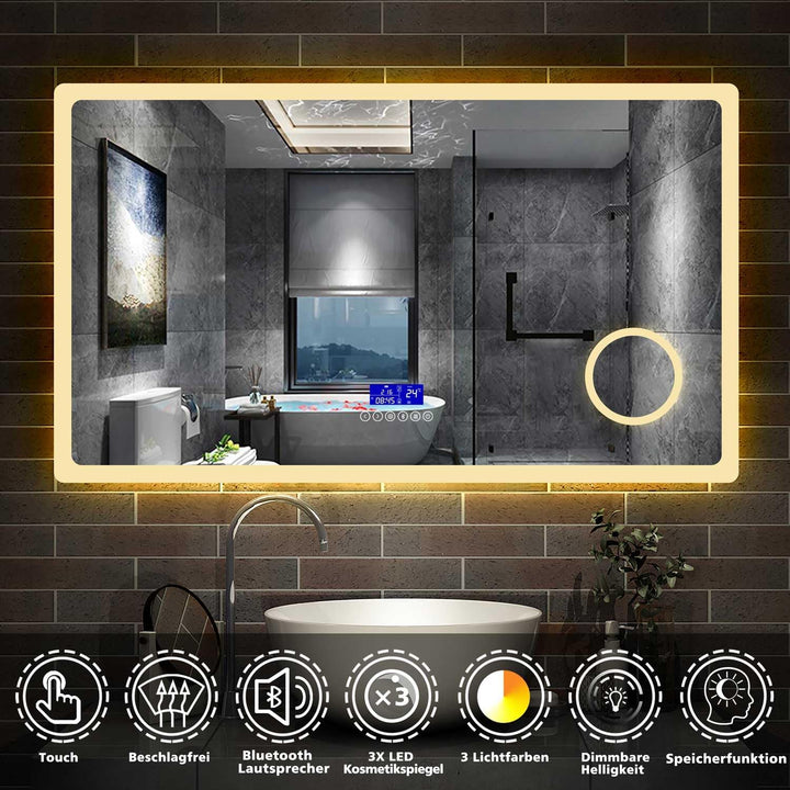 Aica Sanitär LED Badspiegel 160×80cm Bluetooth 5.0 Schminkspiegel 3 Lichtfarbe Wandspiegel mit Uhr,