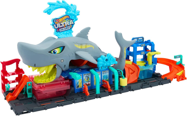 Hot Wheels Let's Race Netflix -City Spielzeugauto-Trackset, Ultimative Hai-Autowaschanlage mit Spiel